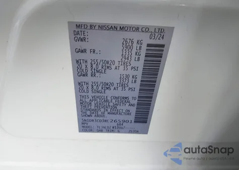 2024 Nissan Pathfinder Sl 4Wd z USA, uszkodzony, nr VIN 5N1DR3CD3RC265901